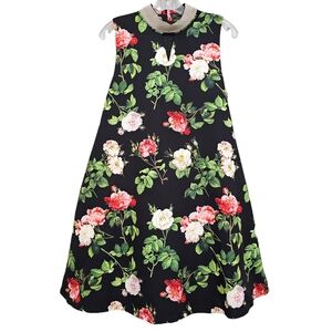 Nwt Gracia Black w/ Pink Roses Garden Floral Shift Dress Silver Beads Neckline